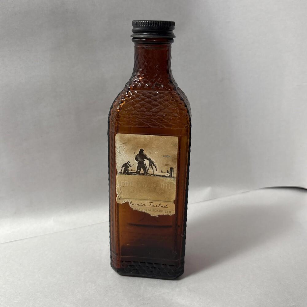 Vintage McKesson Embossed Fish Cod Liver Oil Bottle with Cap, Amber, Label